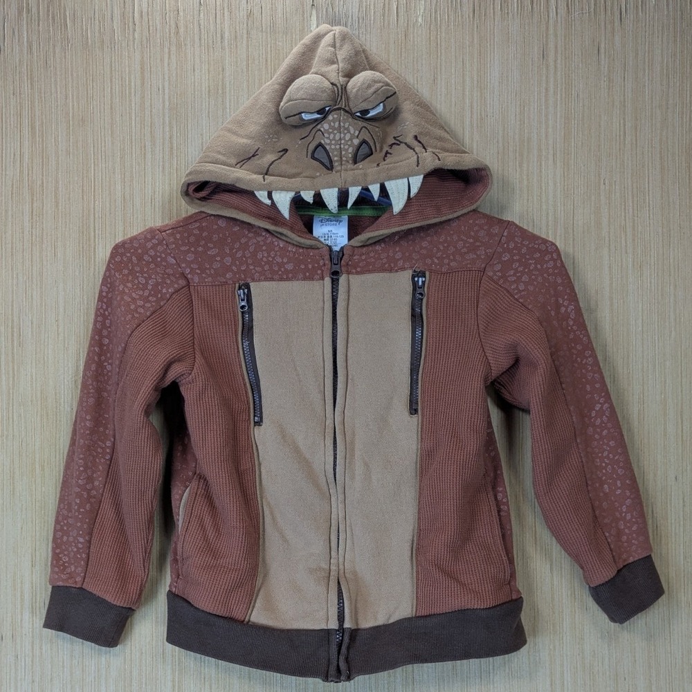 Disney Store Kids Brown The Good Dinosaur T-Rex Zip Up Hoodie Waffle Knit 5/6